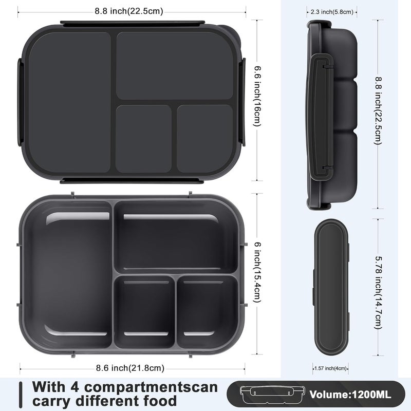 Amathley Lunch Box Kids,Bento Box Adult,Leakproof Lunch Containers for Adults/Kids/Toddler,1200ML-4 Compartments bento Lunch box with Utensil,Microwave & Dishwasher & Freezer Safe (Dark Gray) - Image 2